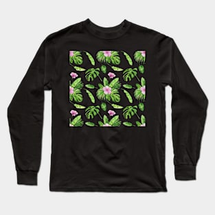 Tropical Pattern Leaves and Pink Flowers Long Sleeve T-Shirt